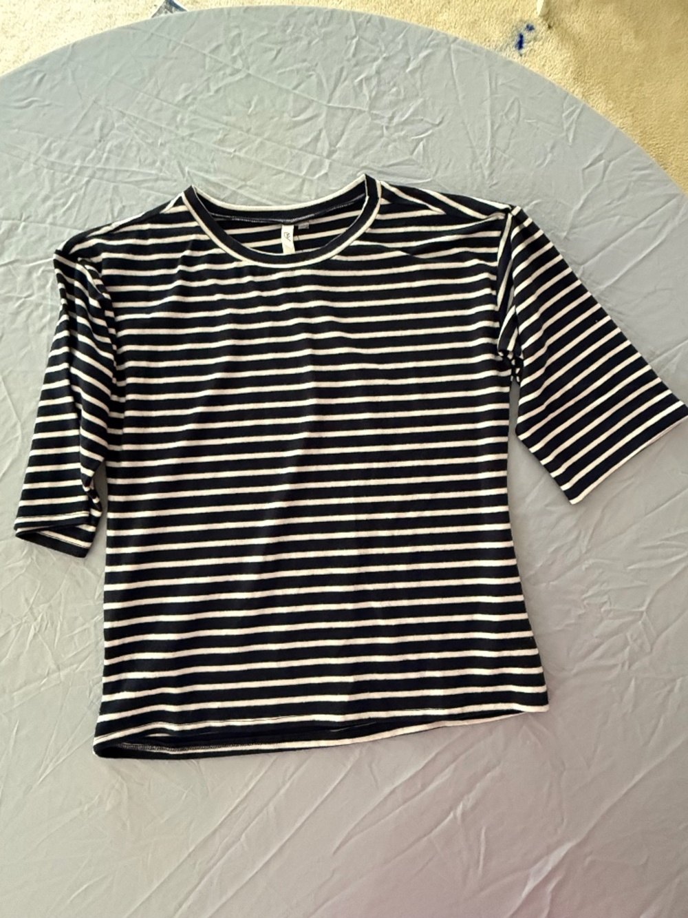 NY Collection Navy and White Striped Elbow Sleeve Tee, Size M, NWT